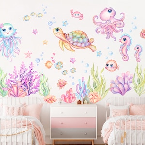 Pink and Blue Underwater World Cartoon Wall Decal - Happy Marine Life for Girls' Room - BR308