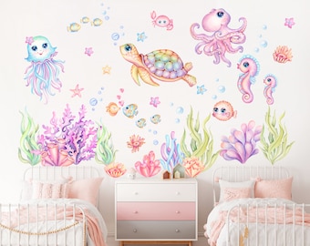 Rosa und Blaues Unterwasserwelt Cartoon Wandtattoo - Glückliche Unterwasserwelt für Mädchenzimmer - BR308
