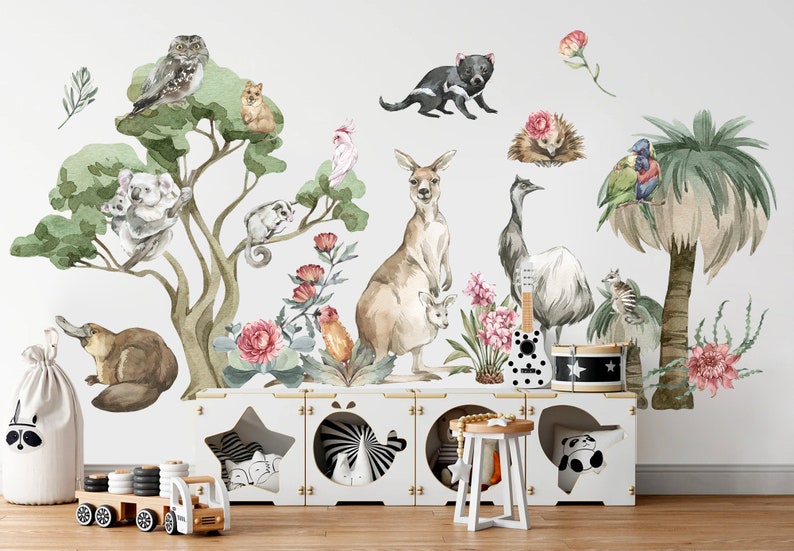 Children's bedroom showcasing hand-painted decals of koalas, kangaroos, emus, and Australian flora.
