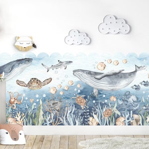 Cartoon Undersea Fabric Wall Mural - Free-Spirited Ocean Creatures: Whales, Turtles, Sharks, Octopuses, Beautiful Watercolor Décor - WM031