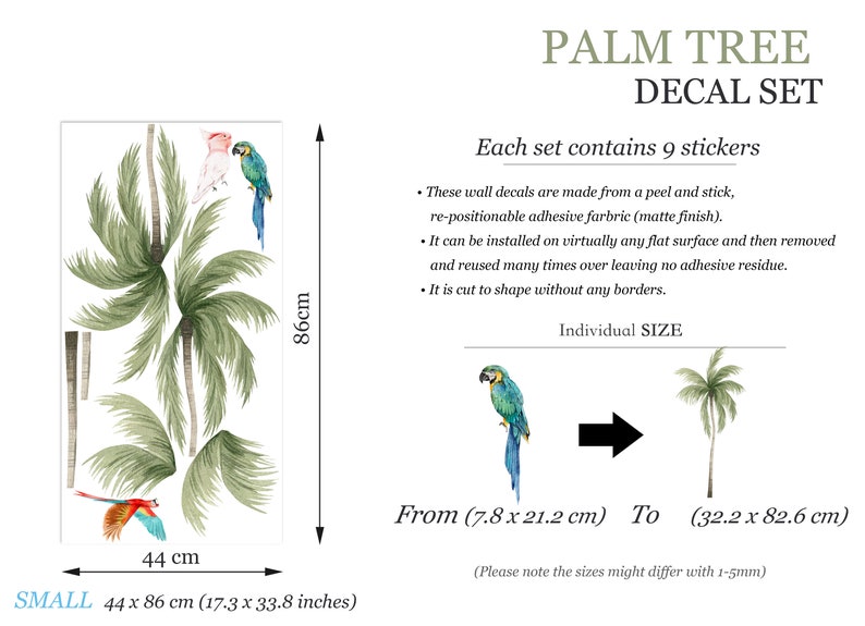 Tropical Coconut Trees with Parrots Wall Decal Removable Peel and Stick BR293 Small(44x86) cm