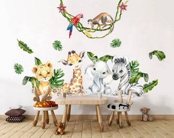 African Baby Animals Wall Decal - Giraffe, Elephant, Lion, Zebra, Monkey in Palm Leaves - BR241