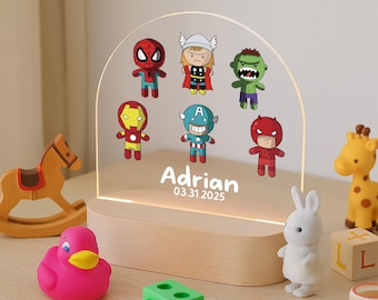 Personalized Superhero Night Light for Kids – Cartoon Hero Lamp Gift -SUPER 6 Led
