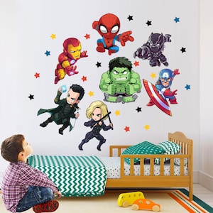 Sticker mural super-héros Marvel World Avengers dessin animé - Thor Hulk Spiderman Iron Man Captain America - BR190