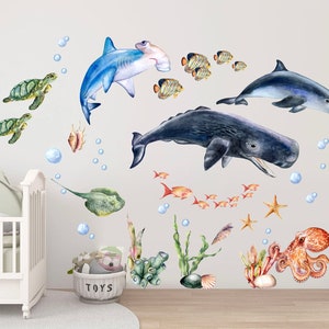 Enchanting Undersea Cartoon Wall Decal - Whales, Dolphins, Turtles, Octopuses - Perfect Watercolor Decor for Kids Rooms -  BR166