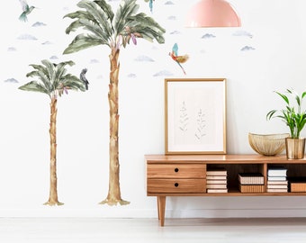 Tropical Plants Paradise Wall Decal - Coconut Trees, Parrots, Clouds in Rainforest - BR029