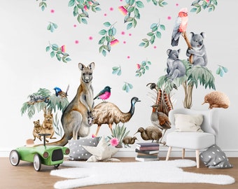Watercolor Aussie Animal Wall Decals with Koala, Kangaroo & Leaves – Reusable Peel and Stick Nursery Decor - BR254