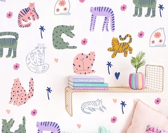 Watercolor Cat Wall Decals –Girl Nursery Decor, PVC-Free Fabric, Silver Backing, Fun Playful Animal Wall Decor for Nursery - WKDOT13