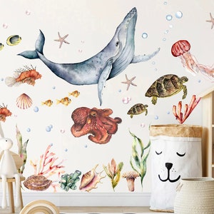 Enchanting Undersea Cartoon Wall Decal - Whale Jellyfish Octopu, Turtles Anemones - Watercolor Style for Kids Room  - BR100