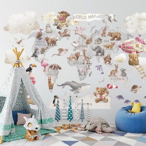 World Animal Map Wall Decal – Cute Giraffe Koala Whale for Kids Nursery | Peel & Stick Fabric Stickers - BR503