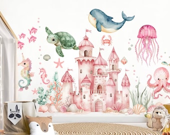 May include: A pink and white underwater castle with sea creatures like a seahorse, turtle, octopus, jellyfish, and a whale. The castle is surrounded by coral and seashells.