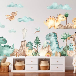 Watercolour Jurassic Park Dinosaur Wall Decal for Kids – Volcano, Trees, Baby Dino, Removable Nursery Fabric Sticker - BR096