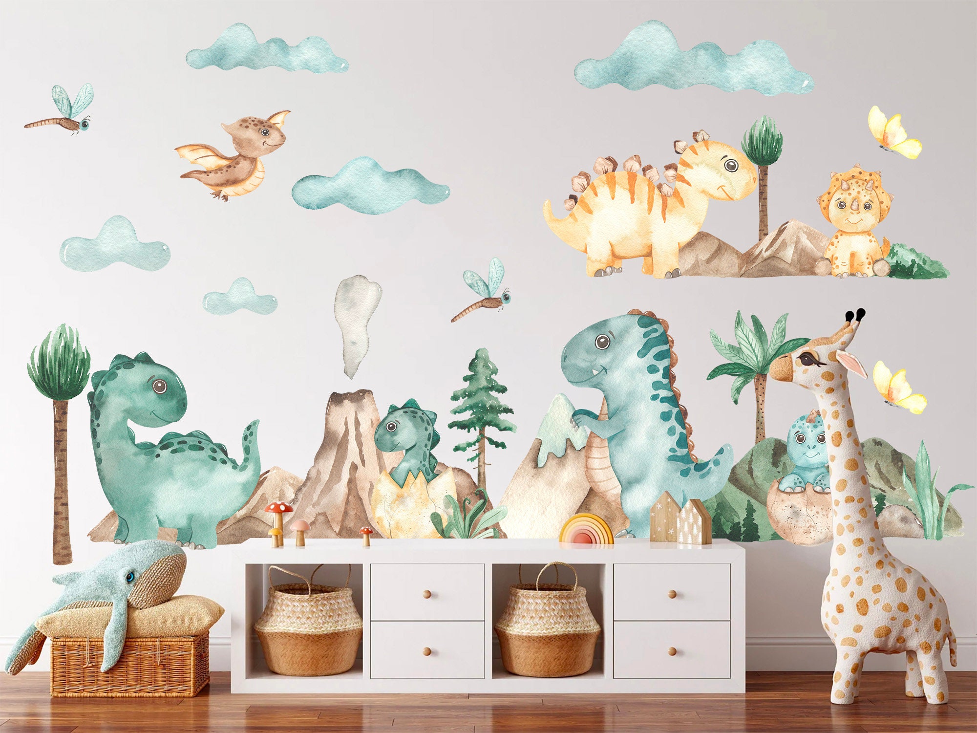 Watercolour Jurassic Park Dinosaur Wall Decal for Kids – Volcano, Trees, Baby Dino, Removable Nursery Fabric Sticker - BR096