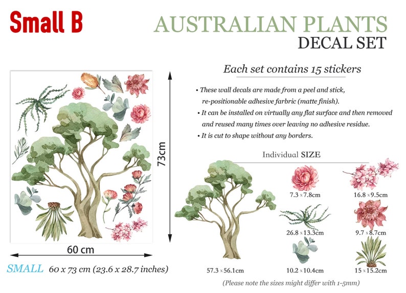Small decal set featuring eucalyptus and other Australian plants, clearly labeled with dimensions.