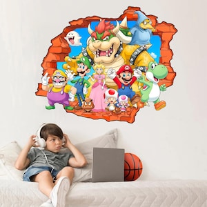 May include: A wall decal featuring a group of Super Mario characters including Bowser, Mario, Luigi, Princess Peach, Wario, Yoshi, Toad, Toadette, a Goomba, a Boo, and Kamek, all framed within a jagged, broken brick wall design against a blue sky.