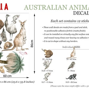 Small-sized decal set with Australian animals including kangaroos, koalas, and emus, detailed with sizes.