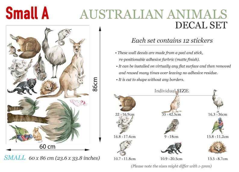 Small-sized decal set with Australian animals including kangaroos, koalas, and emus, detailed with sizes.