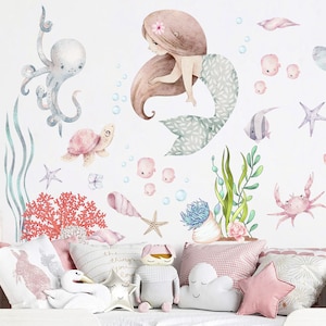 Undersea Mermaid Wall Decals - Playful Watercolor Ocean Nursery Decor - BR363