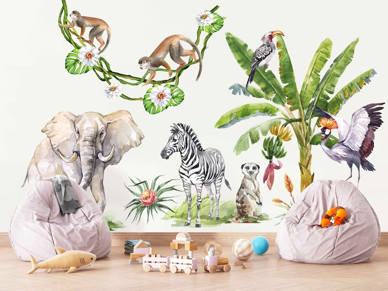 Jungle Safari Fun Animal Wall Decal - Vibrant Watercolor Style for Kids ...