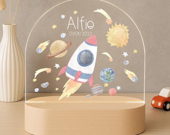 Custom Name Rocket Night Light for Kids – Galaxy Space Theme Acrylic LED Lamp – Personalized Nursery Light Gift for Boys -Spack 1 LED