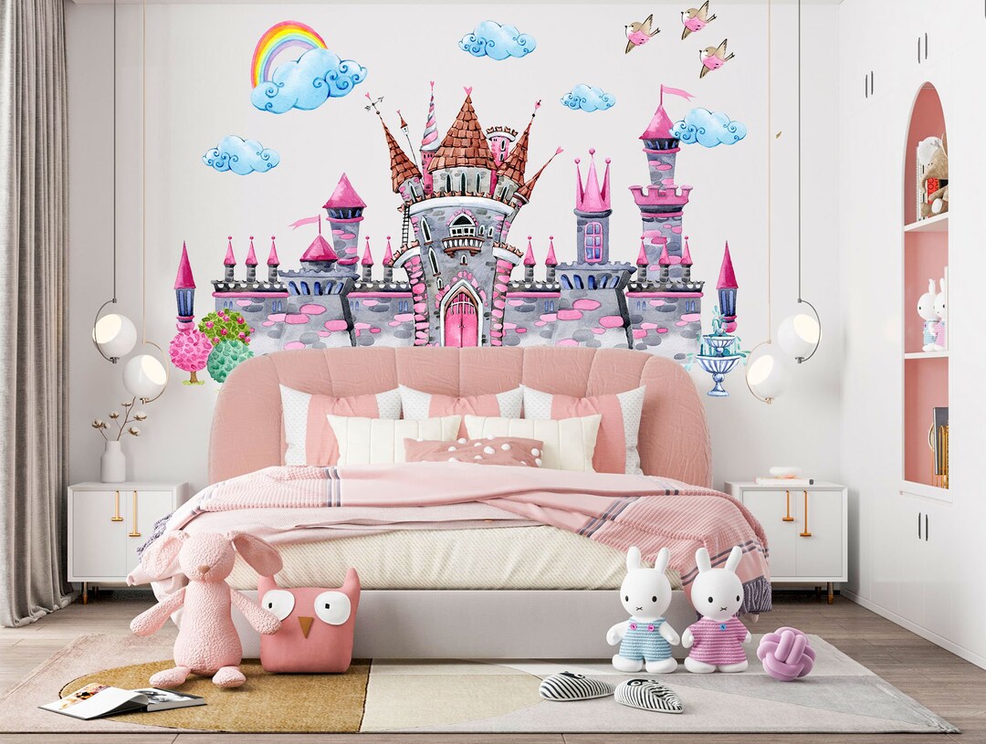 Pink Punk Princess Castle Wall Decal - Watercolor Style With Rainbows ...