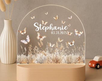 Butterfly Meadow Personalized LED Night Light, Custom Baby Nursery Lamp -Girs 1 Led