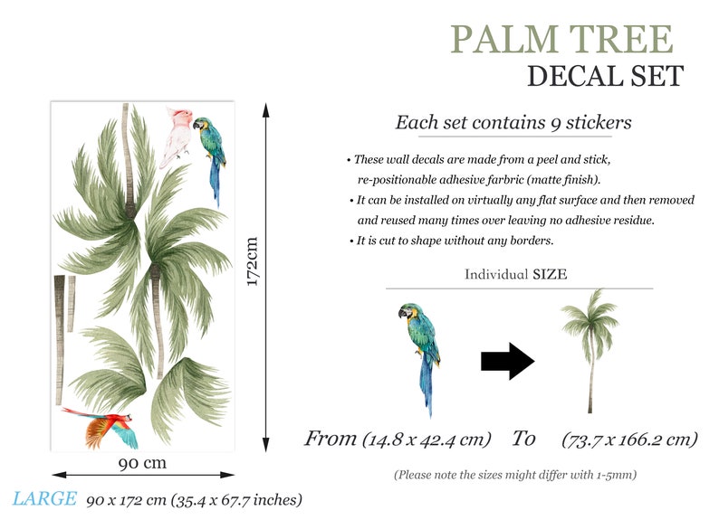 Tropical Coconut Trees with Parrots Wall Decal Removable Peel and Stick BR293 Large(90x172) cm