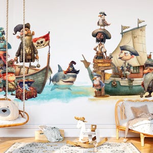 Aventure en bateau pirate dessin animé - Sticker mural capitaine pieuvre, pirates requins et trésor - BR495