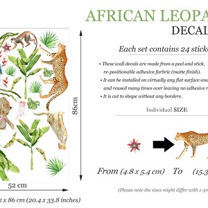 May include: A set of 24 African leopard animal wall decals. The decals are made from a peel and stick, re-positionable adhesive fabric. The decals are cut to shape without any borders. The set includes a variety of leopard, monkey, and tropical plant designs. The decals are 4.8 x 5.4 cm to 15.3 x 36.6 cm in size. Each set contains 24 stickers.