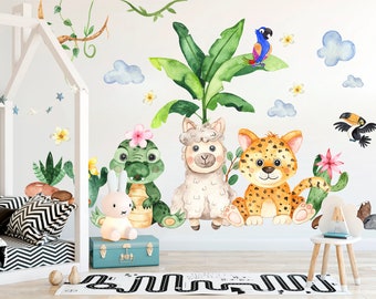 Jungle Animals Watercolor Wall Decal - Crocodile, Llama, Cheetah, Parrot, Plants - Kids Room Decor- BR069