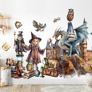 May include: A watercolor illustration of a young witch with a cat and a dragon in front of a castle. The witch is holding a wand and wearing a brown dress and a pointed hat. The cat is wearing a blue hat and holding a staff. The dragon is blue and green and has wings. The castle is brown and has towers. There are also some books and potions in the scene.
