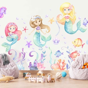 Mermaid Princess Watercolor Wall Decal - Playful Undersea Girls' Room Decor - BR149