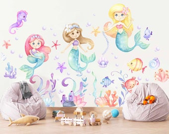 Mermaid Princess Watercolor Wall Decal - Playful Undersea Girls' Room Decor - BR149