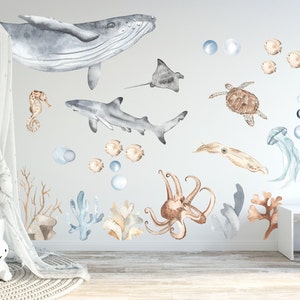 Underwater World Marine Sea Life Wall Decal - Whale Shark Turtle Squid Jelly Fish - BR032