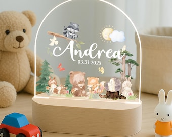Custom Kids Night Light with Name & Date - Hot Air Balloon or Forest Animal Design - Acrylic LED Nursery Lamp Gift for Baby Room—Wood 1 LED