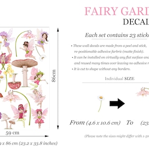 May include: A Fairy Garden decal set featuring 23 peel-and-stick stickers. The set includes fairies, mushrooms, flowers, and the text "FAIRY GARDEN DECAL SET". The dimensions are 23.2 x 33.8 inches.