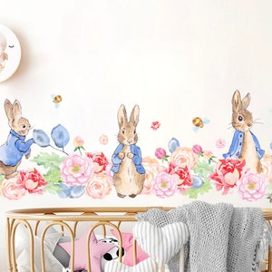 Peter Rabbit Family: Cartoon Wall Decal in a Floral Wonderland - BR421