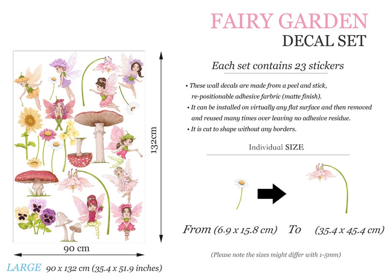 May include: A Fairy Garden decal set featuring 23 peel-and-stick stickers. The set includes fairies, mushrooms, flowers, and the text "FAIRY GARDEN DECAL SET". The large sheet measures 35.4 x 51.9 inches.