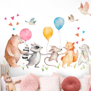 Décalcomanie murale festive, amis des bois, animaux de la forêt, aventure en montgolfière, ours, renard, lapin, amis de la forêt, BR271