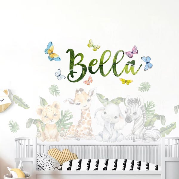 Custom Name Jungle Animal Wall Decal – Safari Baby Animals Nursery Sticker – Personalized Kids Room Decor - BR241NAME