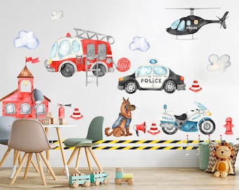 Emergency Services Fire Truck Police Car Helicopter Removable Wall Decal Boys Gift Decor - BR122