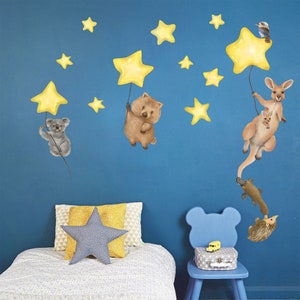 Australian Animals Star Wall Decals, Koala Kangaroo Nursery Decor, Removable Fabric Stickers, Eco-friendly Kids Room Wall Art - BR487