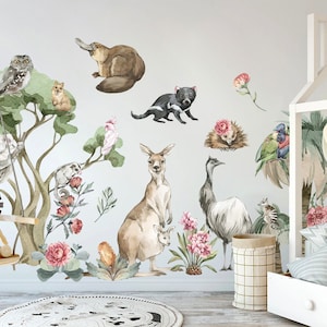 Kids' playroom decorated with Australian wildlife wall stickers, including detailed kangaroos, koalas, emus, wombats, and native plants.