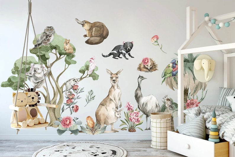 Kids' playroom decorated with Australian wildlife wall stickers, including detailed kangaroos, koalas, emus, wombats, and native plants.