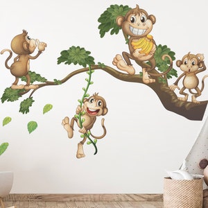 Playful Jungle Monkeys Wall Decal - Cheerful Watercolor Cartoon Decor - BR454