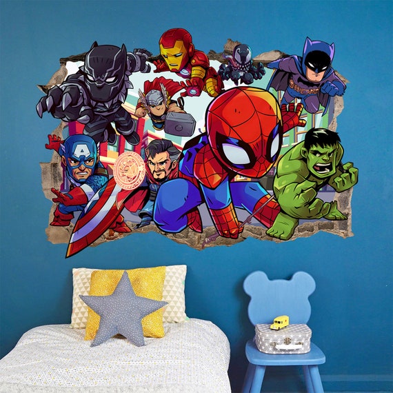 Bursting Avengers Super Heroes Spiderman Iron Man Hulk Captain America 3D  Smashed Wall Decal BR344 -  UK