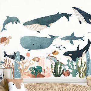 Underwater Ocean Whale Shark Wall Decals – Watercolor Sea Life Nursery Fabric Stickers – Kids Room Removable Mural-BR511