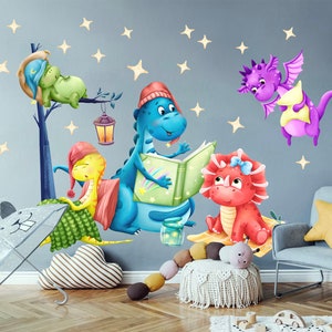 Playful Dragon Cartoon Story Reading Sleep Nursery Wall Decal - BR435