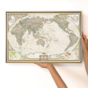 Vintage World Map Canvas Centered on Australia – Antique Style Map Wall Art – Old World Reproduction for Office or Living Room Decor-MAP027