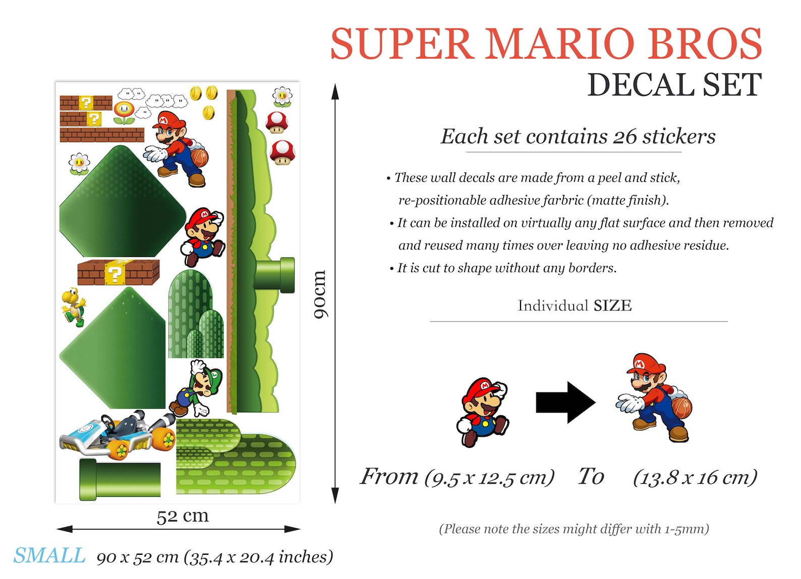 Super Mario Bros Wall Decal for Kids Room – Removable Repositionable ...